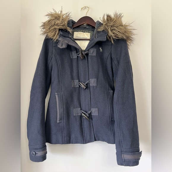 Abercrombie & Fitch Duffle Coat Fur Hooded Navy Zip Up Jacket Womens Size Medium - Picture 1 of 16